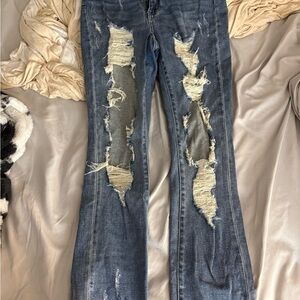 Judy Blue Distressed Straight Leg Jeans - Blue and Cream